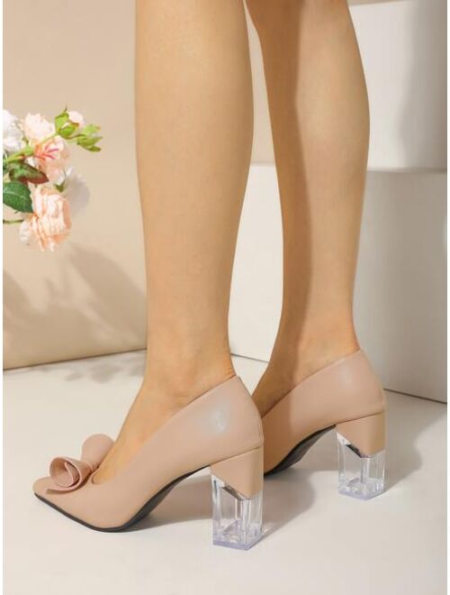 Shein Bow Decor Point Toe Clear Chunky Heeled Court Pumps
