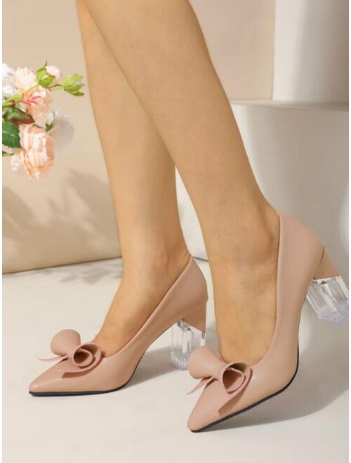 Shein Bow Decor Point Toe Clear Chunky Heeled Court Pumps