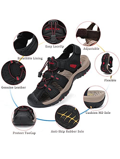 FLARUT Men's Sport Sandals Outdoor Hiking Sandals Closed Toe Leather Athletic Lightweight Trail Walking Casual Sandals Water Shoes