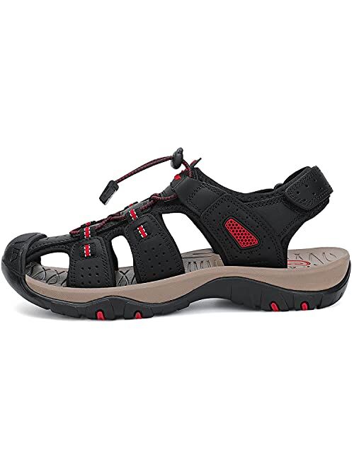 FLARUT Men's Sport Sandals Outdoor Hiking Sandals Closed Toe Leather Athletic Lightweight Trail Walking Casual Sandals Water Shoes
