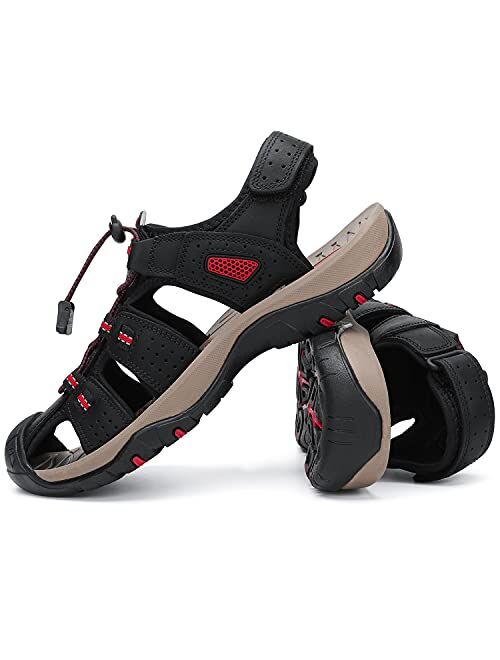 FLARUT Men's Sport Sandals Outdoor Hiking Sandals Closed Toe Leather Athletic Lightweight Trail Walking Casual Sandals Water Shoes