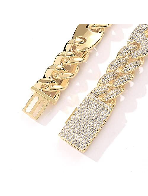 MLENS 20mm Hip Hop Iced Out Chain Cuban Link Chain Necklace 14k Gold/White Gold Plated Bling Drip Miami Chain Prong Setting Lab Diamond Luxury Choker Box Clasp Necklaces 