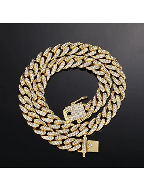 Rosgld Cuban Link Chain for Men Miami Iced Out Cuban Necklace Gold Sliver Diamond Chain Bling 13MM Chain Necklaces for Men Women Hip Hop Rapper Jewelry Gift
