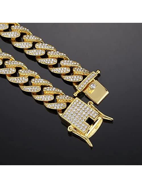 Rosgld Cuban Link Chain for Men Miami Iced Out Cuban Necklace Gold Sliver Diamond Chain Bling 13MM Chain Necklaces for Men Women Hip Hop Rapper Jewelry Gift