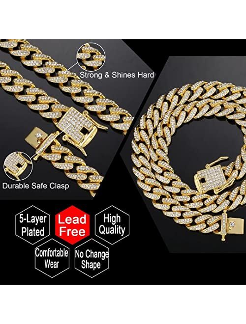 Rosgld Cuban Link Chain for Men Miami Iced Out Cuban Necklace Gold Sliver Diamond Chain Bling 13MM Chain Necklaces for Men Women Hip Hop Rapper Jewelry Gift