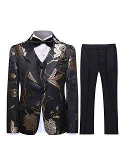 SWOTGdoby Boys Gold Paisley Floral Suit Tuxedo Slim Fit Embroidery 3 Pieces Suit Set Blazer Vest Pants