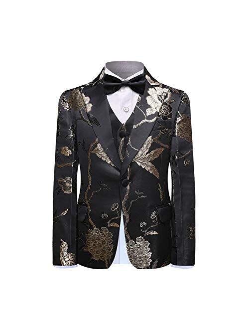 SWOTGdoby Boys Gold Paisley Floral Suit Tuxedo Slim Fit Embroidery 3 Pieces Suit Set Blazer Vest Pants