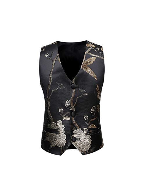 SWOTGdoby Boys Gold Paisley Floral Suit Tuxedo Slim Fit Embroidery 3 Pieces Suit Set Blazer Vest Pants