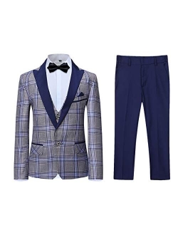 SWOTGdoby Boys Plaid Tuxedo Suit Slim Fit Dresswear 3 Pieces Blazer Pants Vest