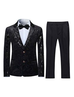 Swotgdoby Boys Suit Formal Tuexdo Golden Jacquard Slim Fit 2 Pieces Suit Set Jacket Pants for Wedding Prom Party