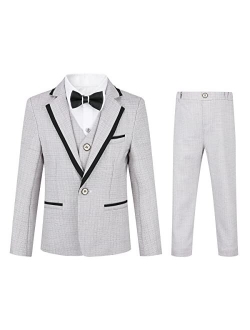 Swotgdoby Boys 4 Pieces Suit Set Slim Fit Plaid Blazer Pants Vest Bowtie Formal Dress for Wedding Party