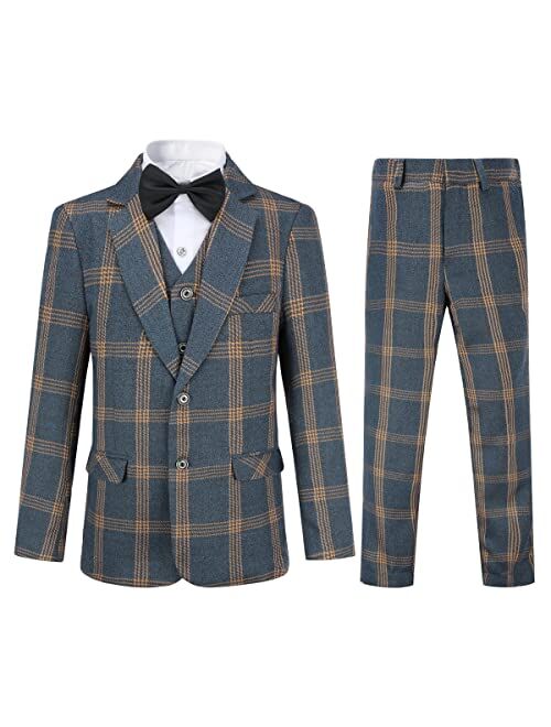 Swotgdoby Boys 3 Pieces Suit Set Formal Dresswear Slim Fit Plaid Blazer Vest Pants for Wedding Party