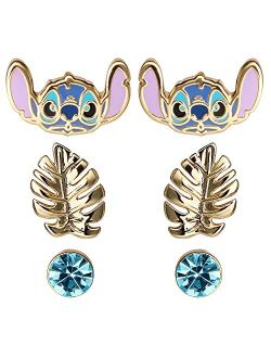 Lilo and Stitch Jewelry for Girls Yellow Gold Plated Crystal Stud Earring Set, 3 Pairs, Officially Licensed