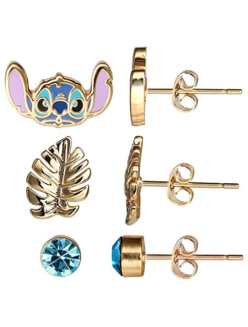 Disney Lilo and Stitch Jewelry for Girls Yellow Gold Plated Crystal Stud Earring Set, 3 Pairs, Officially Licensed