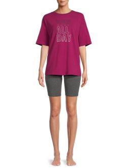 Women's and Women's Plus Short Sleeve T-Shirt and Bike Shorts, 2-Piece Pajama Set