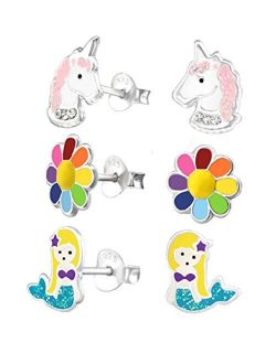 Artist Unknown 925 Sterling Silver Set of 3 Pairs Rainbow Flower, Mermaid, Unicorn Stud Earrings for Girls (Nickel Free)
