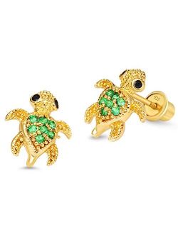 14k Gold Plated Brass Turtle Cubic Zirconia Screwback Baby Girls Earrings with Sterling Silver Post