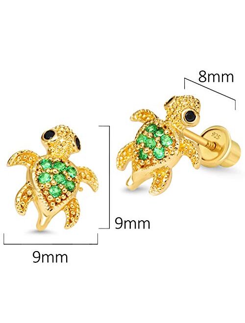 Lovearing 14k Gold Plated Brass Turtle Cubic Zirconia Screwback Baby Girls Earrings with Sterling Silver Post