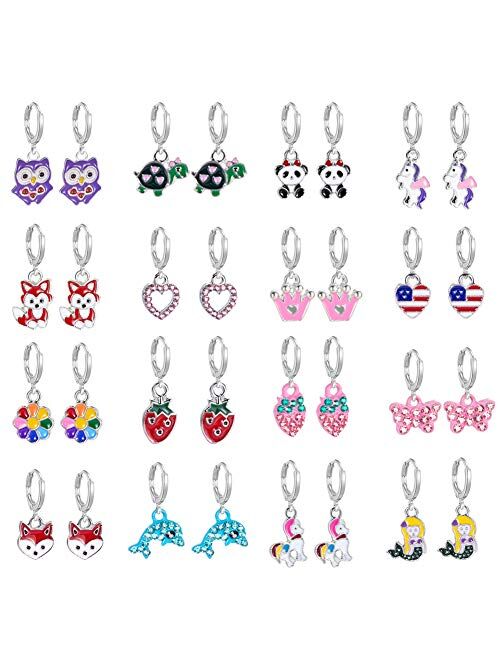 Danjie 16 Pairs Hypoallergenic Silver Mini Cute Dangle Hoop Earrings for Teen Girls-Pink Animal Earrings for Girls And Women-Colorful Fox Flower Flag Dangle Hoop Earrings