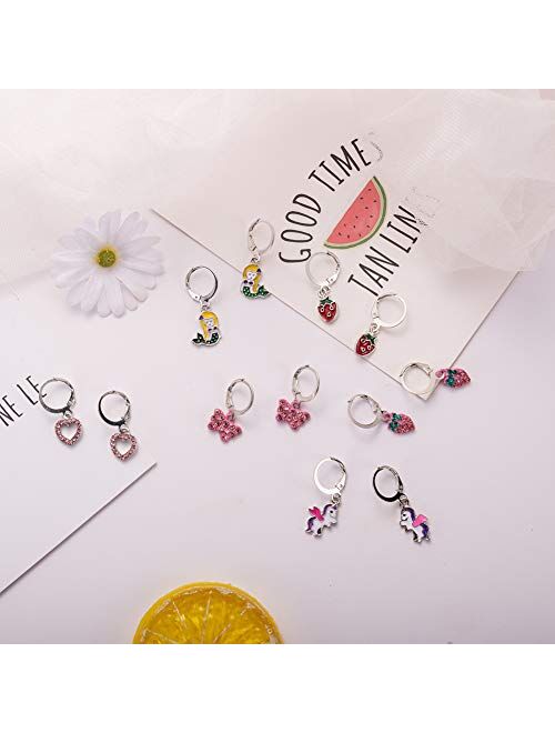 Danjie 16 Pairs Hypoallergenic Silver Mini Cute Dangle Hoop Earrings for Teen Girls-Pink Animal Earrings for Girls And Women-Colorful Fox Flower Flag Dangle Hoop Earrings