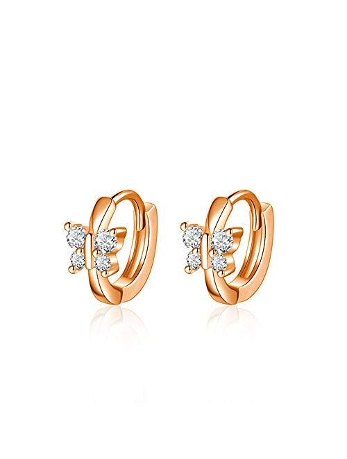Kokoma Cute Butterfly Sleeper Small Hoop Earrings Sterling Silver 925 CZ Crystal Huggie Round Cartilage Tragus Mini Hoops Earring Ear Cuffs Piecing Dainty Jewelry Gifts f