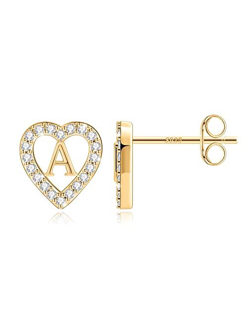 Anoup Heart Initial Stud Earrings for Girls, 14K Real Gold Plated 925 Sterling Silver Post Cubic Zirconia Stud Girls Earrings Hypoallergenic Heart Earrings for Girls Todd