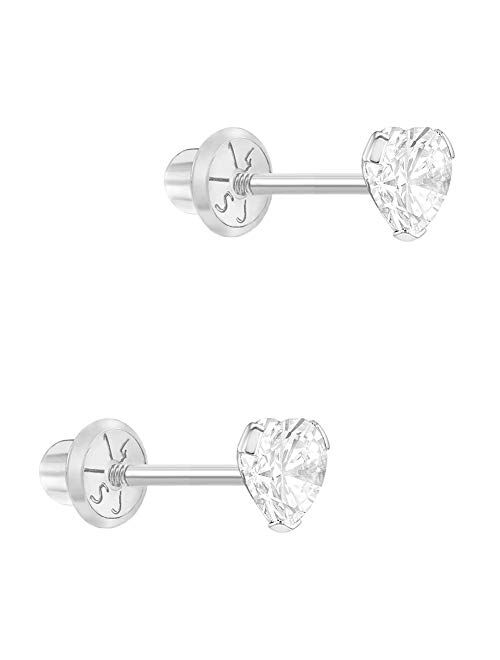 In Season Jewelry 14k White Gold 4mm Tiny Heart Cubic Zirconia Screw Back Earrings for Babies, Infants & Toddlers - Pretty Heart Studs with Safety Screw Backs for Childre
