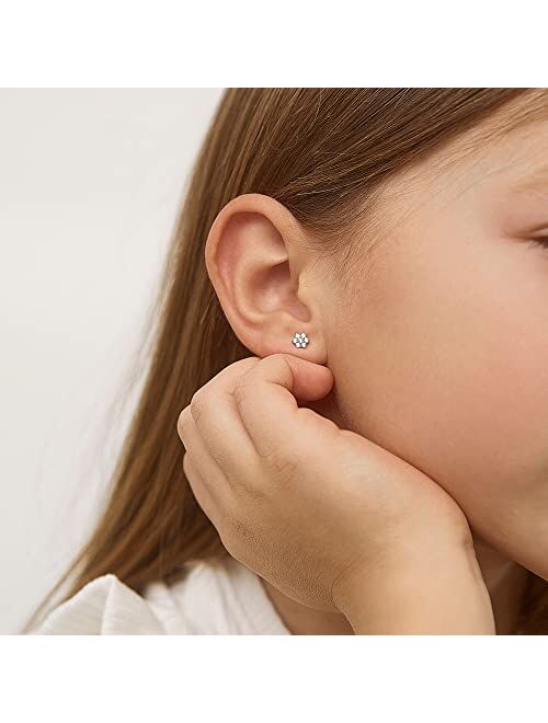 In Season Jewelry 925 Sterling Silver Kids Earrings with 5mm Flower & Screw Backs for Young Girls - Dainty CZ Flower Screw Backs for Toddlers and Little Girls - Cubic Zir