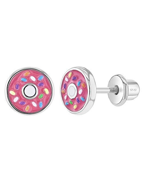 In Season Jewelry 925 Sterling Silver Fun Enamel Donut Earrings with Tiny Colorful Sprinkles for Little Girls - Colorful Screw Back Earrings for Kids - Multi-color Safety