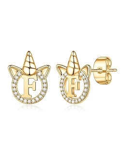 Hidepoo Unicorns Gifts for Girls Earrings, S925 Sterling Silver Post Gold/Rose Gold Plated CZ Unicorn Stud Earrings Letter Initial Unicorn Earrings for Women Girls Unicor