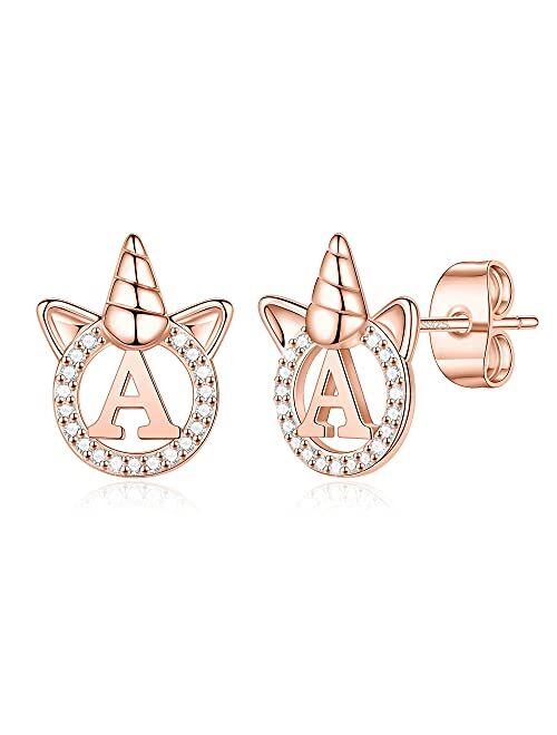 Hidepoo Unicorns Gifts for Girls Earrings, S925 Sterling Silver Post Gold/Rose Gold Plated CZ Unicorn Stud Earrings Letter Initial Unicorn Earrings for Women Girls Unicor
