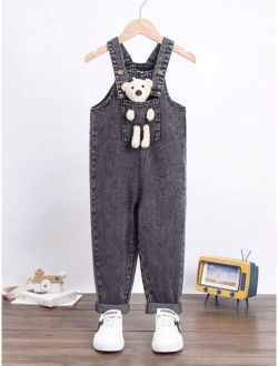 Toddler Boys Bear Patched Denim Overalls