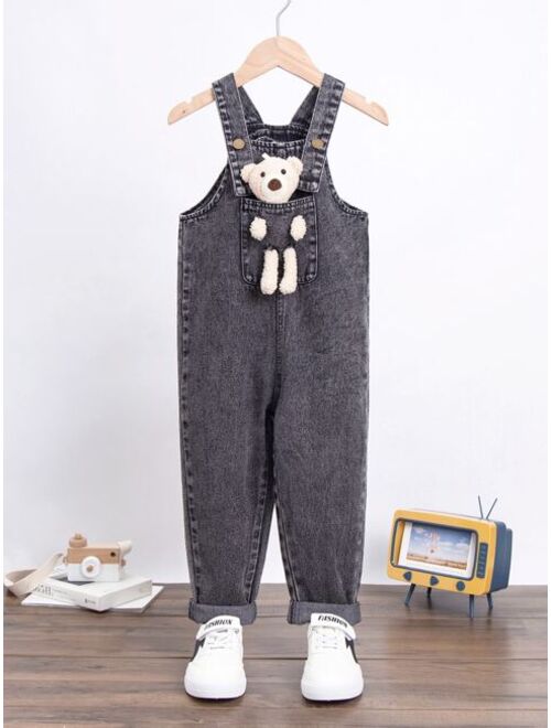 Shein Toddler Boys Bear Patched Denim Overalls