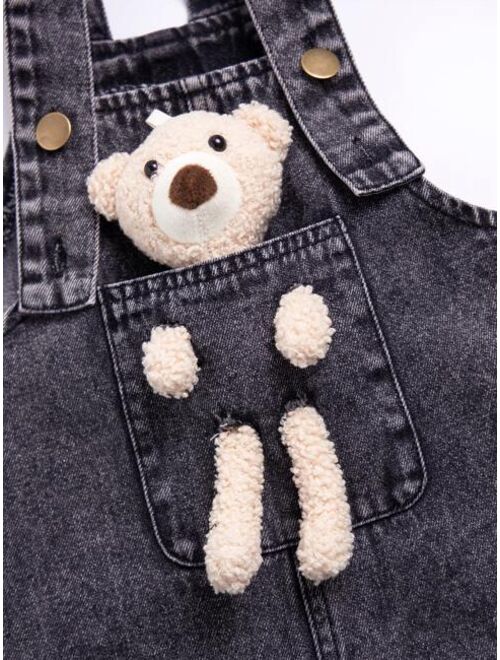 Shein Toddler Boys Bear Patched Denim Overalls
