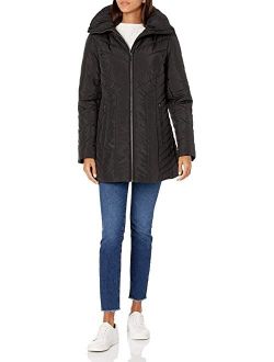 Women's Zip-up Puffer with Faux Fur Trimmed Hood,Taupe,SM