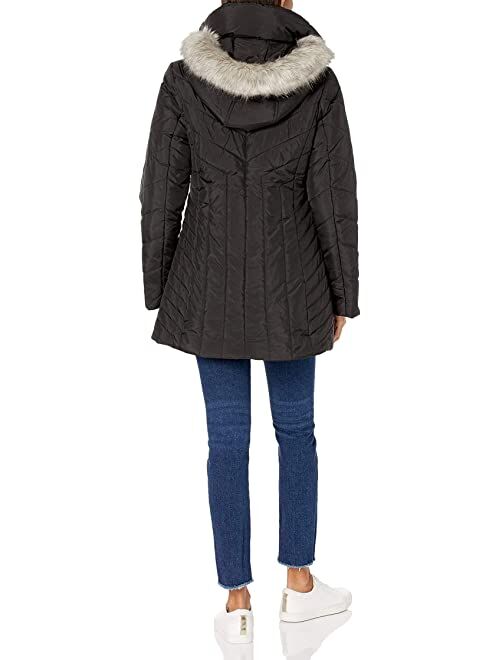 London Fog Women's Zip-up Puffer with Faux Fur Trimmed Hood,Taupe,SM