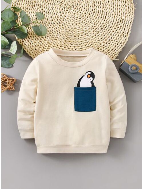 Shein Toddler Boys Penguin Print Patched Pocket Pullover