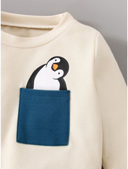 Shein Toddler Boys Penguin Print Patched Pocket Pullover