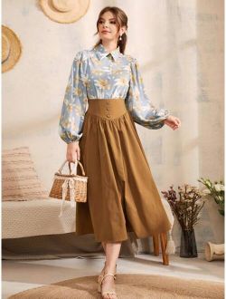 Leaf Print Lantern Sleeve Button Front Blouse & Circle Skirt