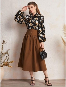 Leaf Print Lantern Sleeve Button Front Blouse & Circle Skirt