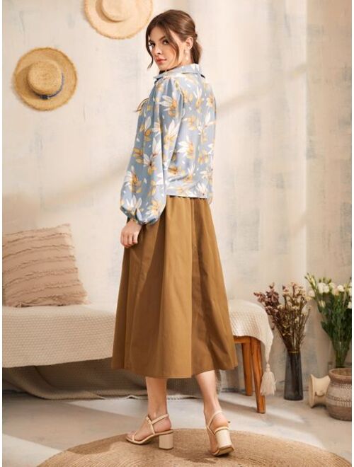 SHEIN Leaf Print Lantern Sleeve Button Front Blouse & Circle Skirt