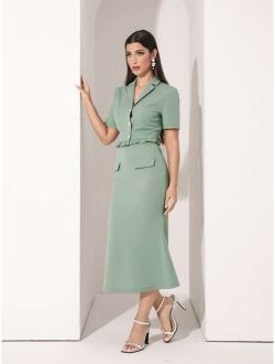 Modely Solid Button Front Crop Blouse & Skirt Set