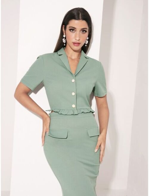 SHEIN Modely Solid Button Front Crop Blouse & Skirt Set