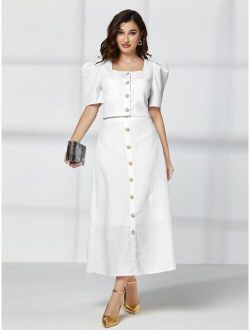 Modely Solid Square Neck Puff Sleeve Blouse & Skirt Set