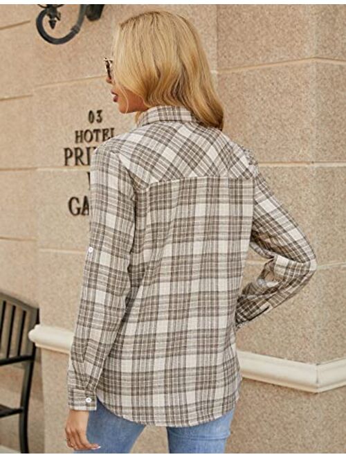Akewei Women's Plaid Button Down Shirt Long Roll up Sleeve Blouse Casual Buffalo Top