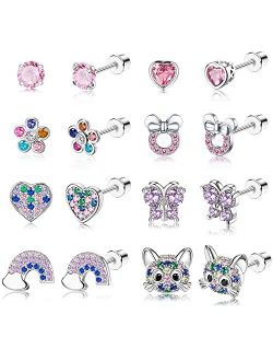 FUNRUN JEWELRY 8Pairs Hypoallergenic Screwback Earrings for Women 316L Stainless Steel CZ Heart Rainbow Butterfly Flower Multicolored Screw Back Stud Earrings Set