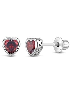 In Season Jewelry 925 Sterling Silver 5mm Girls CZ Heart Earrings Simulated Birthstone Bezel with Screw Back Stud Baby Earrings - Safety Screw Back for Toddlers - Quality