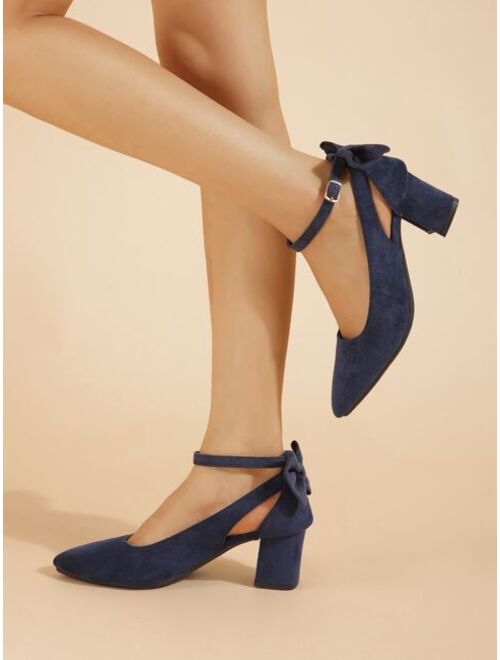 Shein Suede Bow Decor Chunky Heeled Ankle Strap Pumps