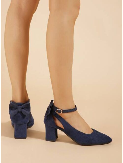 Shein Suede Bow Decor Chunky Heeled Ankle Strap Pumps