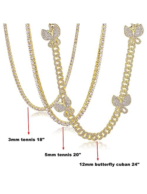 HH Bling Empire Gold Tennis and Cuban Link Chain for Men,Iced Out Mens Diamond Cuban Chain Necklace Sets,Hip Hop Rapper Jewelry Chains-3 Pcs 18/20/24 Inch